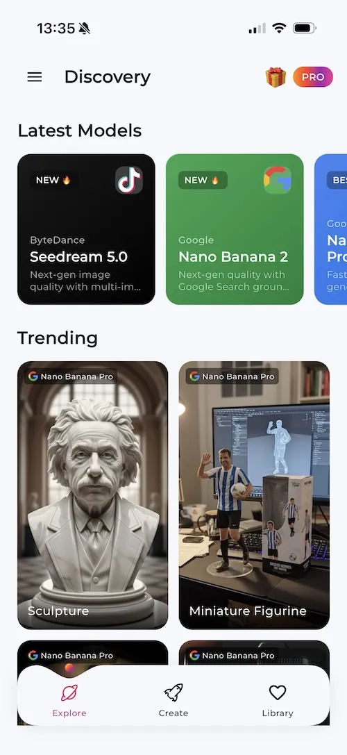 LUNA AI Art Generator app discovery screen showing trending AI art and latest models